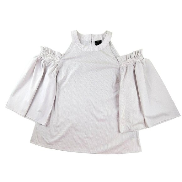 Worthington Womens Blouse Pink White Striped Bell Sleeves size Medium  JH1226 - Picture 1 of 5